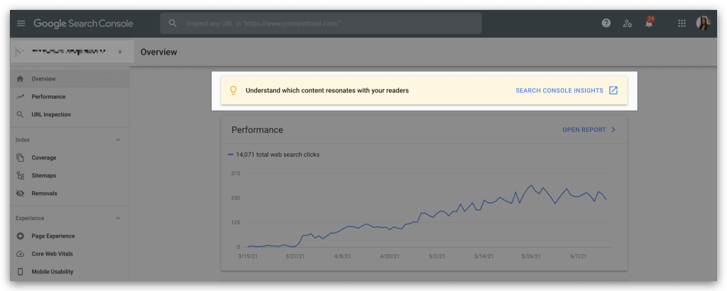 Example of the Search Console Insights banner on the Google Search Console Dashboard.